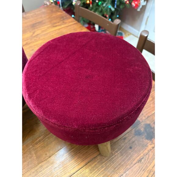 Pair of Matching Red Velvet Foot Stool With Wooden Legs 10.5” tall x 11.5”w - Picture 5 of 8